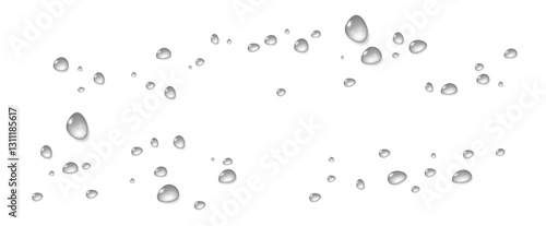 Realistic vector water drops png on a transparent light background. Water condensation on the surface with light reflection and realistic shadow. 3d vector illustration