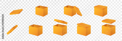 Gift Box Set, open and closed. Set of Christmas boxes with ribbons, bows and surprises, vector png.	
