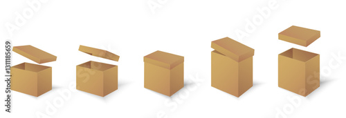 Gift Box Set, open and closed. Set of Christmas boxes with ribbons, bows and surprises, vector png.	
