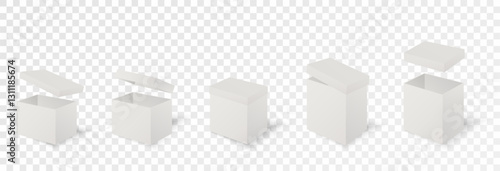 Gift Box Set, open and closed. Set of Christmas boxes with ribbons, bows and surprises, vector png.