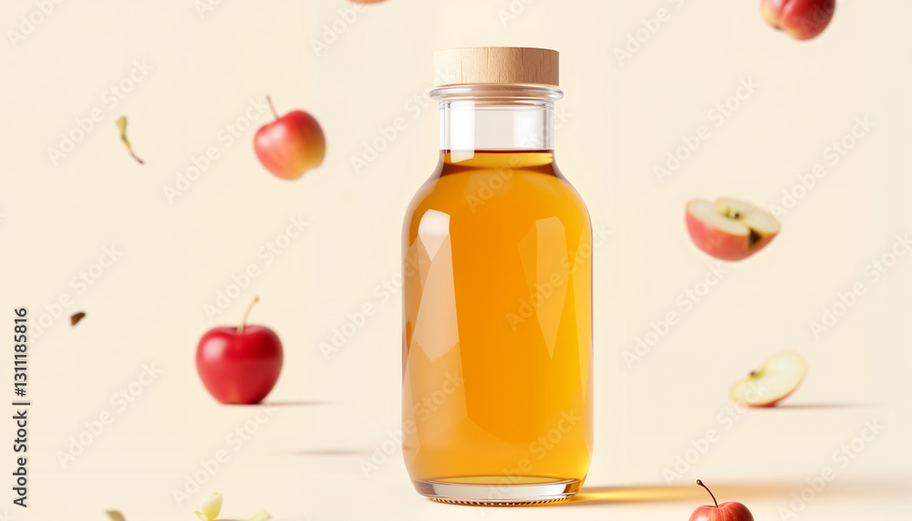 Floating apple cider vinegar bottle with fresh apples Floating apple cider vinegar bottle with fresh apples