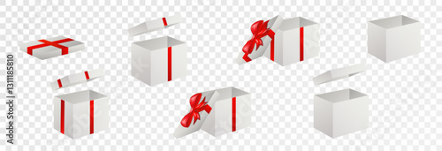 Gift Box Set, open and closed. Set of Christmas boxes with ribbons, bows and surprises, vector png.
