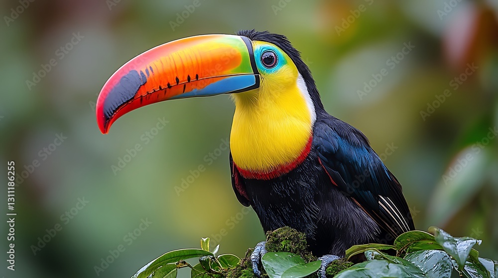 Obraz premium Colorful toucan perched on a branch in a tropical rainforest