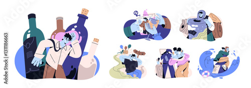 Alcohol addiction concept set. Drunk people suffer from hangover, dependence, problems with excessive abuse of booze. Bad habit, obsession. Flat isolated vector illustrations on white background