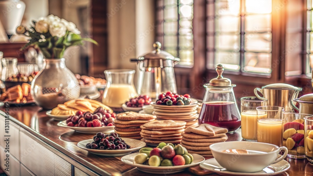 Naklejka premium Breakfast buffet hotel pancakes fresh fruit coffee carafes Bright dining room blurred guests background