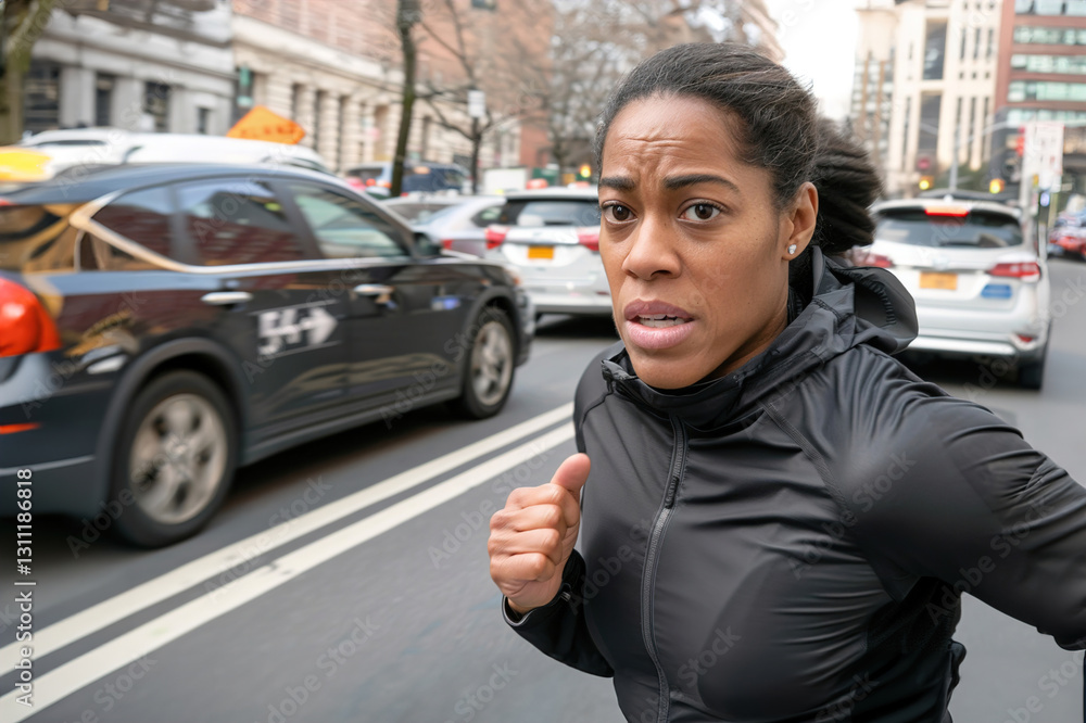 Fototapeta premium Athletic woman running on a city sidewalk, determined expression, skyscrapers and traffic behind