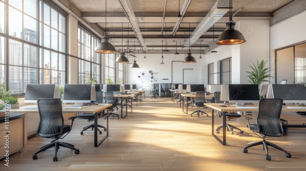 Empty modern office space with large windows, sunlight streaming in. Possible use Stock photo Empty modern office space with large windows, sunlight streaming in. Possible use Stock photo