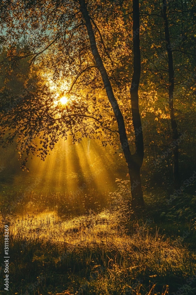 Obraz premium Sunbeams piercing through forest canopy