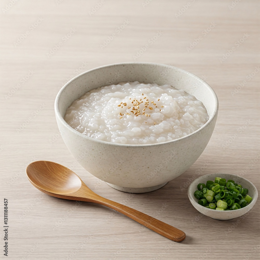 Congee Comfort: A bowl of creamy congee, topped with sesame, is served with a wooden spoon and a side of chopped green onion, capturing the simplicity and warmth of a comforting meal. Congee Comfort: A bowl of creamy congee, topped with sesame, is served with a wooden spoon and a side of chopped green onion, capturing the simplicity and warmth of a comforting meal.