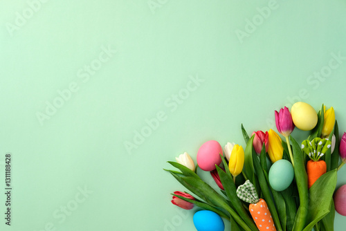 Happy Easter greeting card template with tulips, decorative carrots and colorful Easter eggs on green background