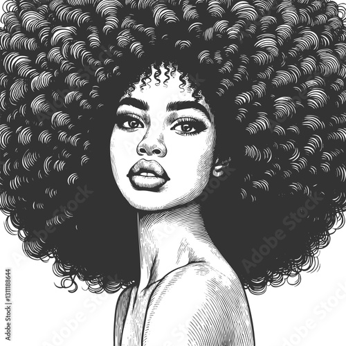 woman with a voluminous afro hairstyle and hoop earrings, exuding strength, beauty, and vintage artistic elegance sketch engraving generative ai vector illustration. Scratch board. Black and white.