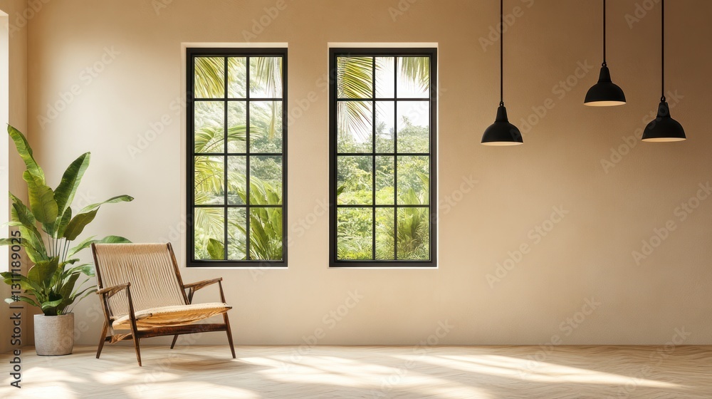 Empty modern living room with large windows and potted plant, featuring natural light and a relaxed aesthetic for home decor Empty modern living room with large windows and potted plant, featuring natural light and a relaxed aesthetic for home decor