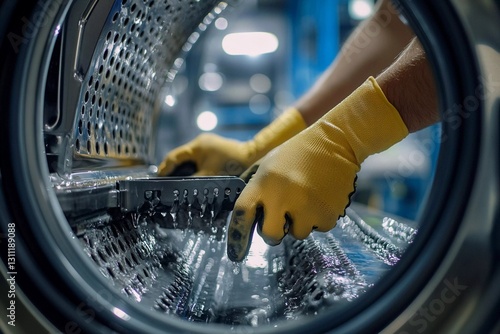 technician cleaning the filter of a washing machine