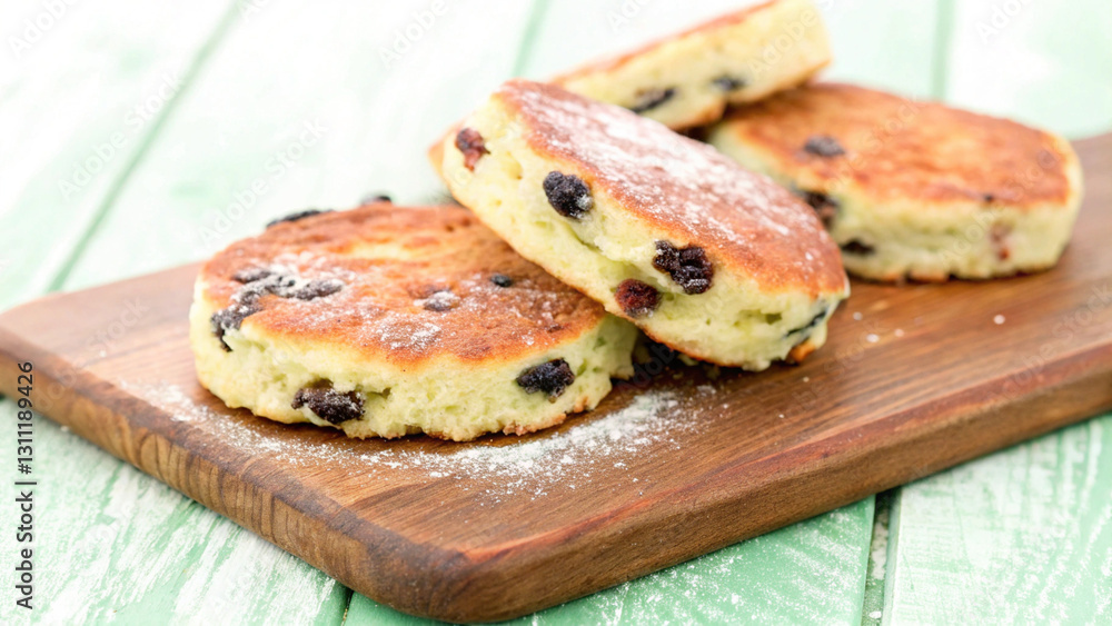 Welsh cakes on wooden board, featuring currants and dusting of sugar. Perfect for tea time Welsh cakes on wooden board, featuring currants and dusting of sugar. Perfect for tea time