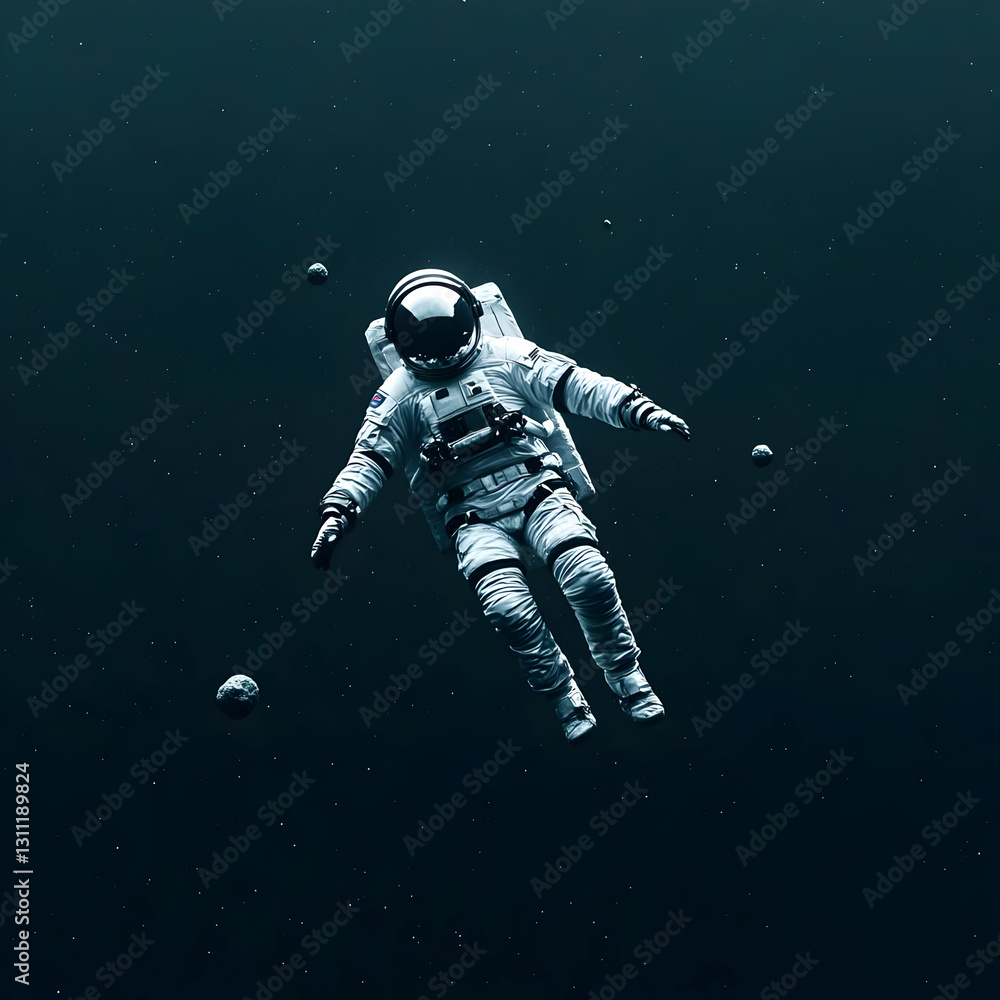 Fototapeta premium Pixel Art Astronaut Floating in Dark Space 3D Render