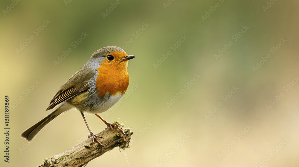 European robin perched on branch in natural setting European robin perched on branch in natural setting