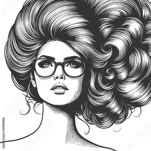 woman with large glasses and voluminous wavy hair, gazing thoughtfully sketch engraving generative ai fictional character vector illustration. Scratch board imitation. Black and white image.