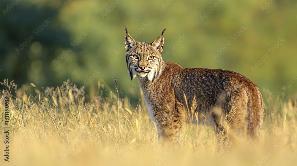 Obraz premium Iberian lynx standing in golden grass, looking alert