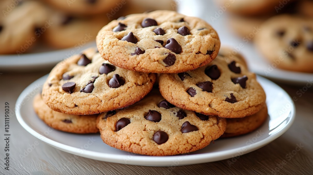 Freshly baked chocolate chip cookies on a white plate with a perfectly golden brown texture Freshly baked chocolate chip cookies on a white plate with a perfectly golden brown texture