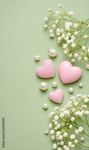 Soft green backdrop with pink hearts, pearls and baby's breath. Ideal for wallpapers, wedding content, greeting cards. 