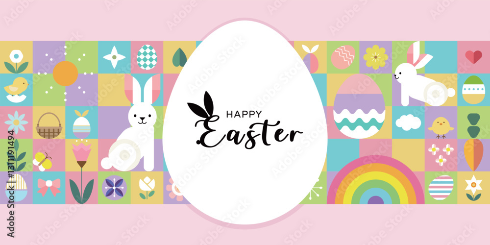 Happy Easter geometric background, Easter egg card, framed banner design. Happy Easter geometric background, Easter egg card, framed banner design.