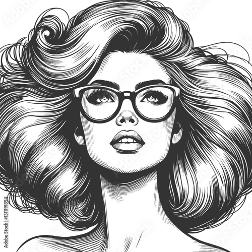 woman with large glasses and voluminous wavy hair, gazing thoughtfully sketch engraving generative ai fictional character vector illustration. Scratch board imitation. Black and white image.