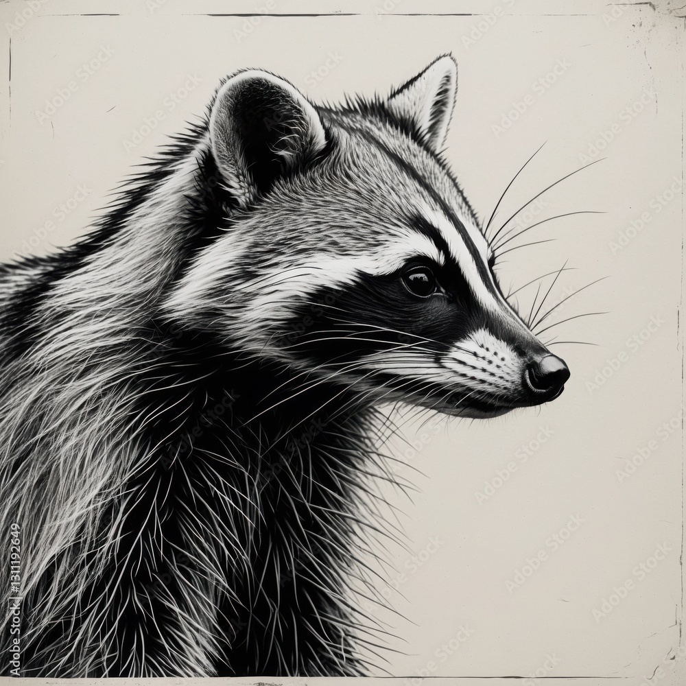 Obraz premium Raccoon Portrait Illustration. Furry mammal with black and white pattern. Profile image of animal on light background.