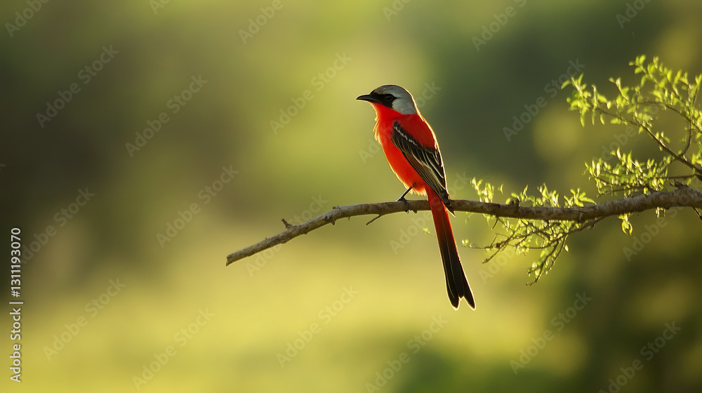 Scarlet minivet perched on branch in serene natural setting Scarlet minivet perched on branch in serene natural setting