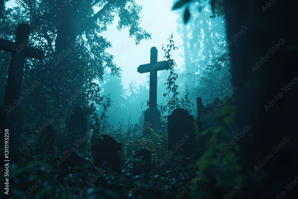 Naklejka premium Foggy Cemetery, Dark Cross