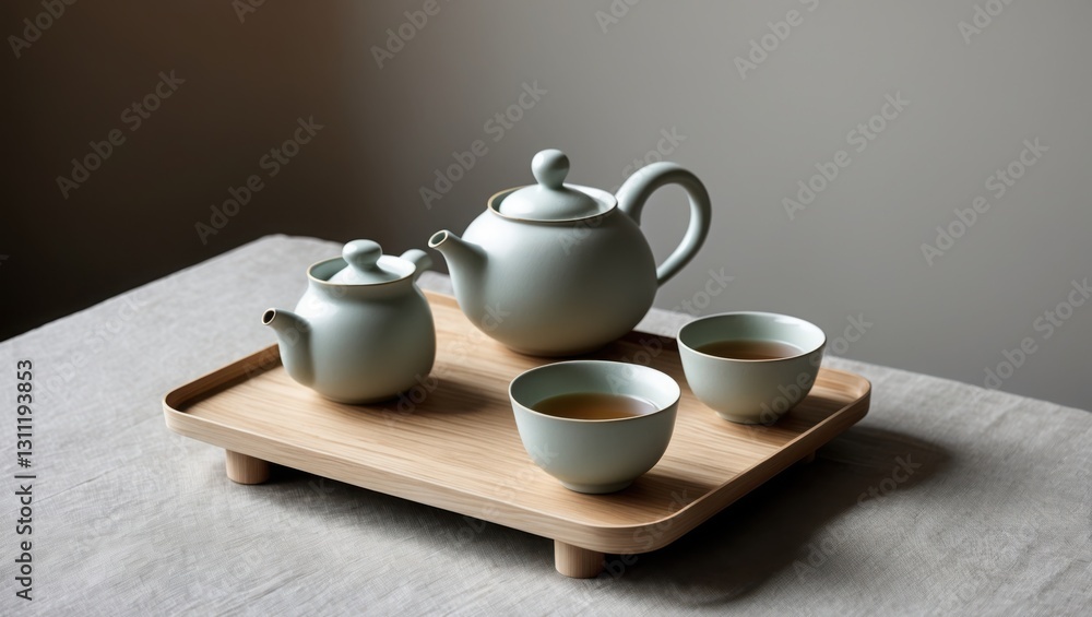 Light green tea set on wood tray. Teapot and cups contain liquid on gray fabric surface. Light green tea set on wood tray. Teapot and cups contain liquid on gray fabric surface.