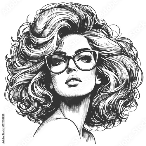 woman with large glasses and voluminous wavy hair, gazing thoughtfully sketch engraving generative ai fictional character vector illustration. Scratch board imitation. Black and white image.