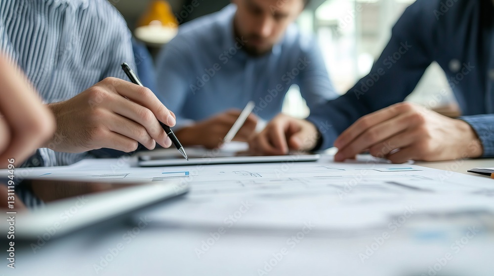Engineers Collaborating on Project Plans at a Modern Workspace with Digital Tools and Documents Engineers Collaborating on Project Plans at a Modern Workspace with Digital Tools and Documents