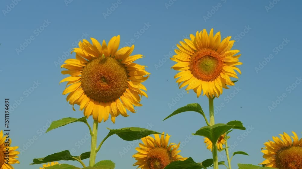 Bright Sunflowers Against Clear Blue Sky in Vibrant Summer Field Bright Sunflowers Against Clear Blue Sky in Vibrant Summer Field