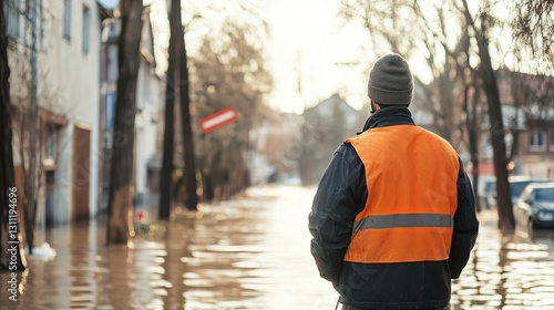 Civil Engineer Checking Flood Defenses in Urban Area During Emergency Situation in Wisconsin