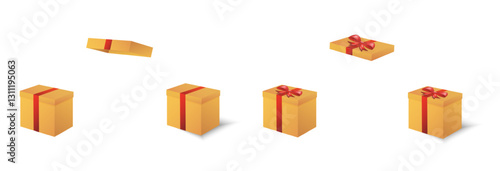 Gift Box Set, open and closed. Set of Christmas boxes with ribbons, bows and surprises, vector png.