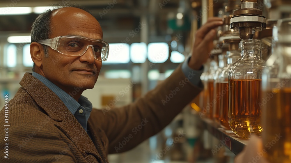Chemical Engineer in Safety Goggles Working in a Laboratory with Glass Containers of Liquid Chemical Engineer in Safety Goggles Working in a Laboratory with Glass Containers of Liquid
