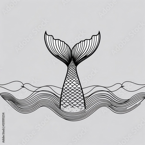 Black ink drawing of mermaid tail on gray background. Fish scales and water waves are visible in simple line art style.