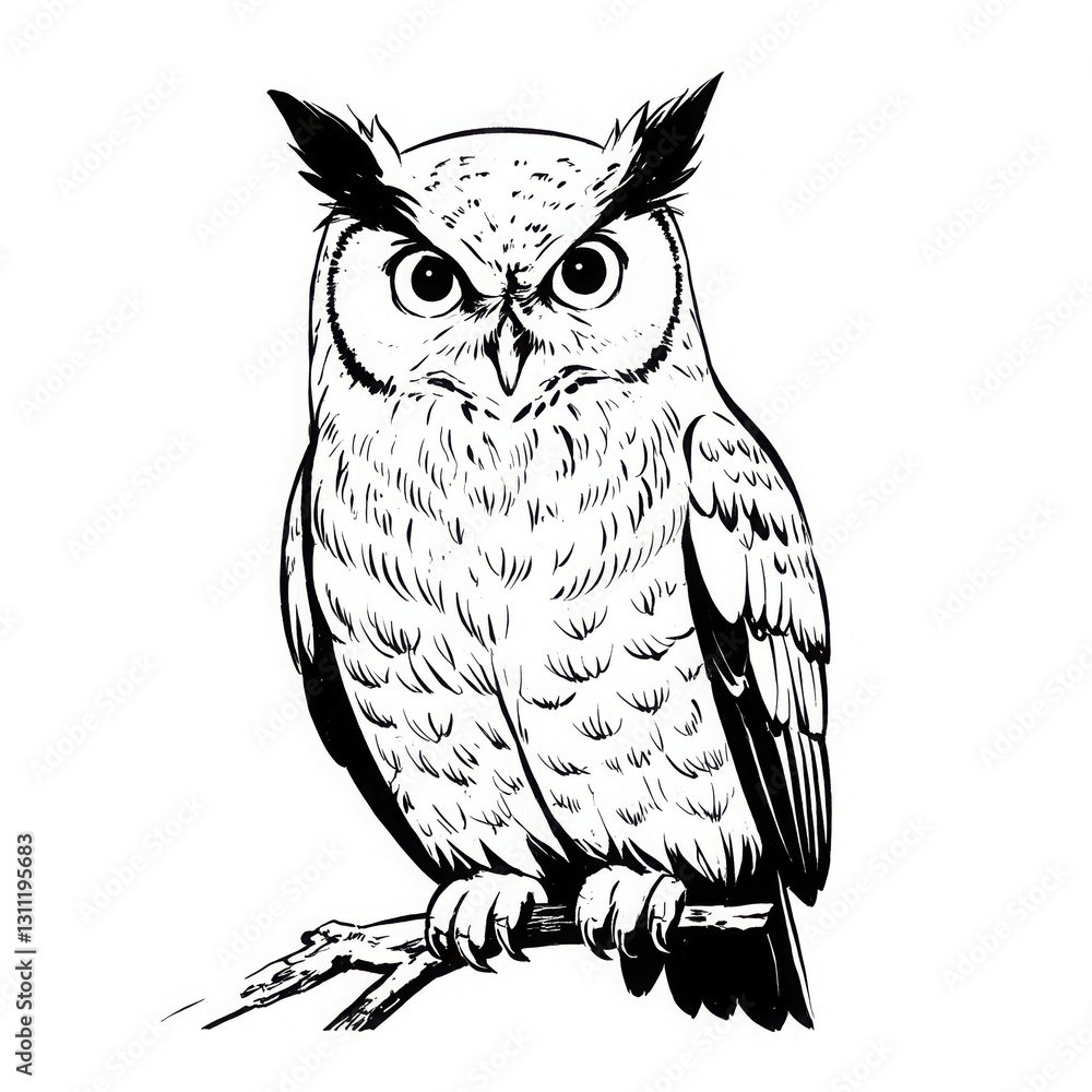 Fototapeta premium Owl rests on branch. Black ink drawing shows bird on white background. Feathers visible.