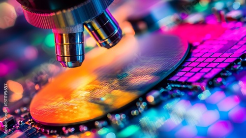 Researcher Analyzing Semiconductor Chips Under a Microscope in Colorful Lab Environment