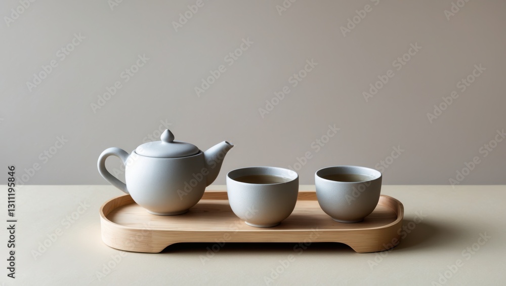Tea set with cups on wood tray. Light gray teapot and two cups with tea sit on wood surface against beige background. Tea set with cups on wood tray. Light gray teapot and two cups with tea sit on wood surface against beige background.