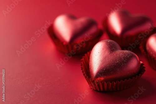 Heart-shaped chocolates, red foil wrappers, close-up, gift, delicious, dessert
