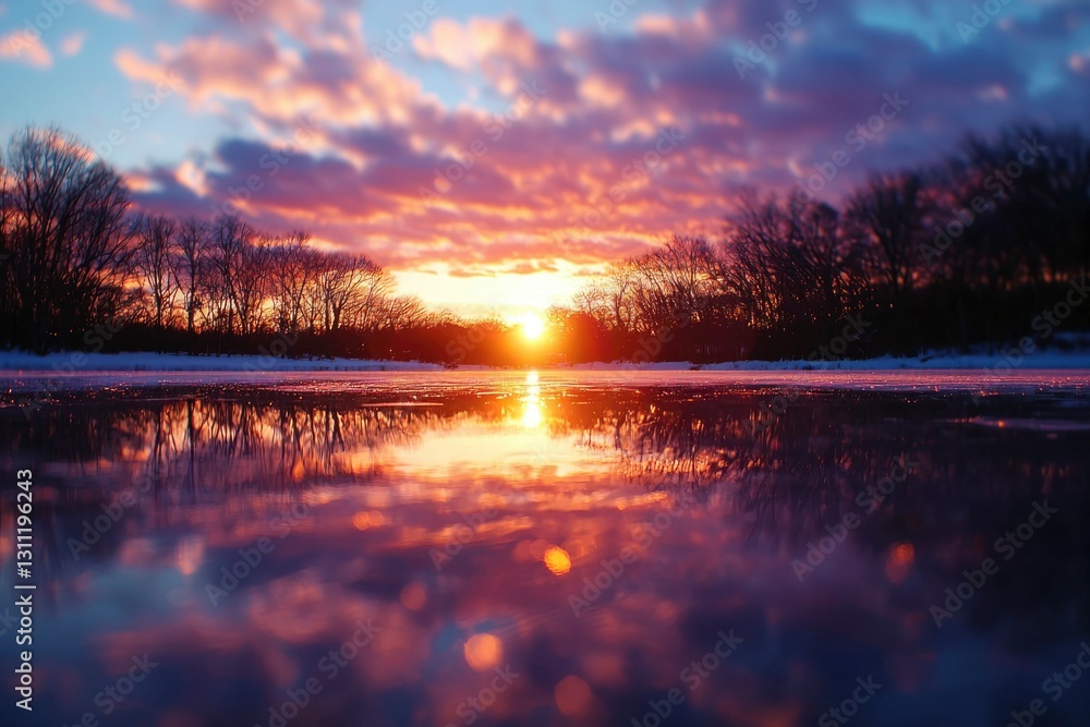 Fototapeta premium Frozen lake reflects vibrant sunset over winter trees