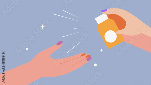 User Application A simple scene of a hand applying a skincare product that contains exosomes with rays of light indicating activation of collagen synthesis.