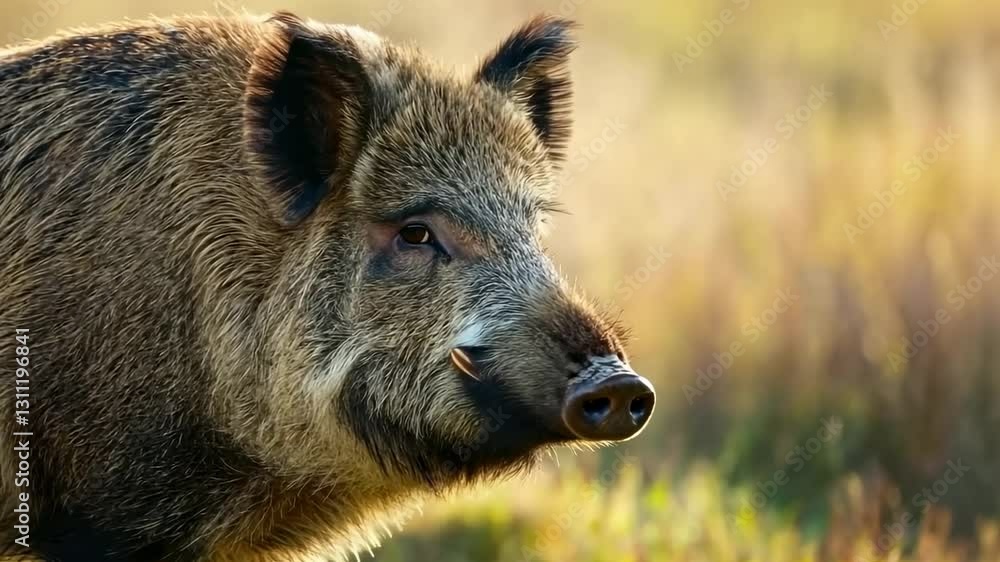 Wild boar in natural habitat: grazing and observing in sunlit meadow Wild boar in natural habitat: grazing and observing in sunlit meadow