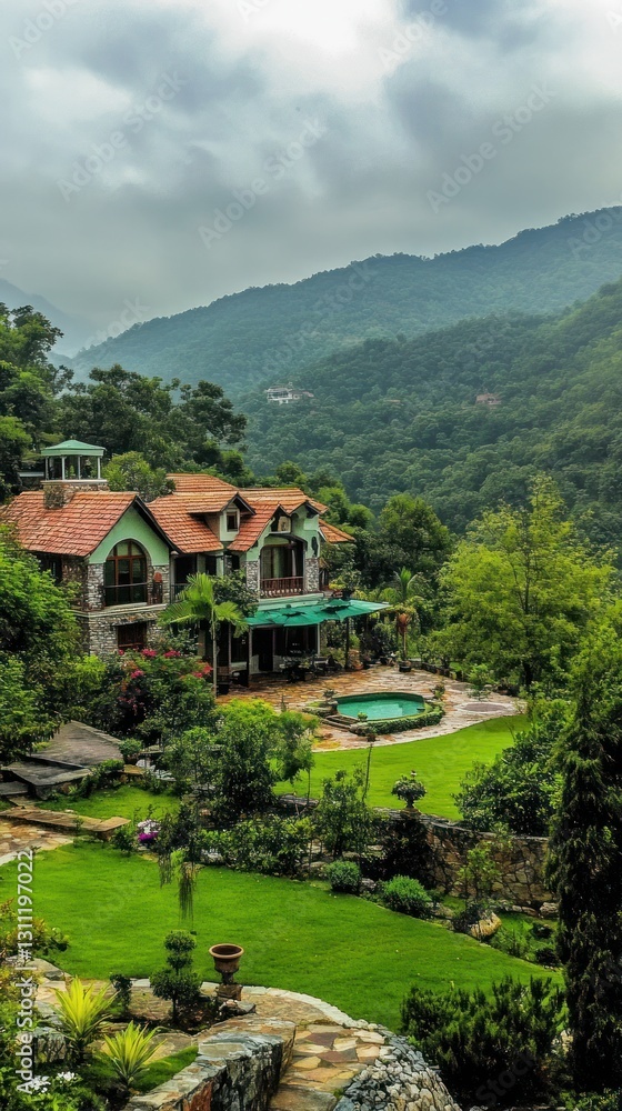 Naklejka premium A large house nestled within a lush green hillside landscape