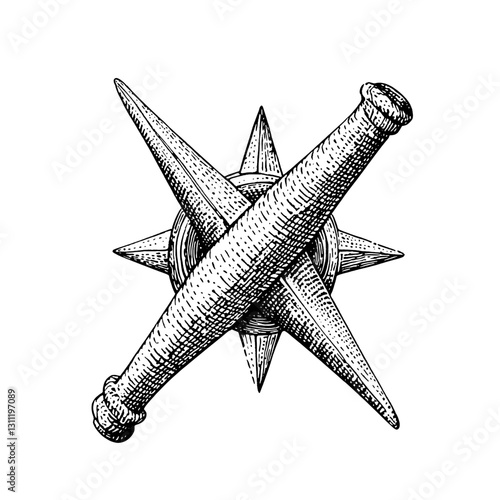 Intricate engraved tattoo design featuring crossed spiked batons with compass points in a detailed vector illustration