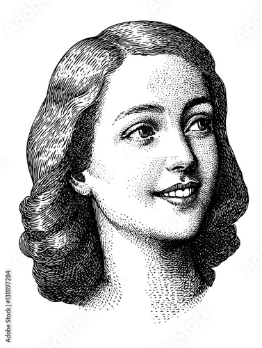 Engraved vector illustration of a smiling woman with classic hairstyle suitable for tattoo design