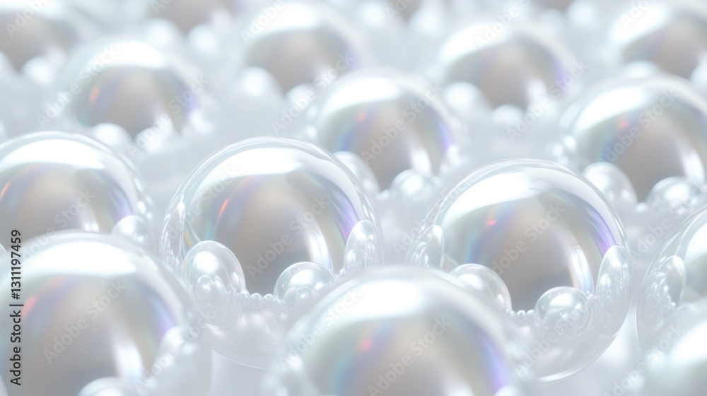 Iridescent pearlescent orbs of varying sizes reflecting light softly Iridescent pearlescent orbs of varying sizes reflecting light softly