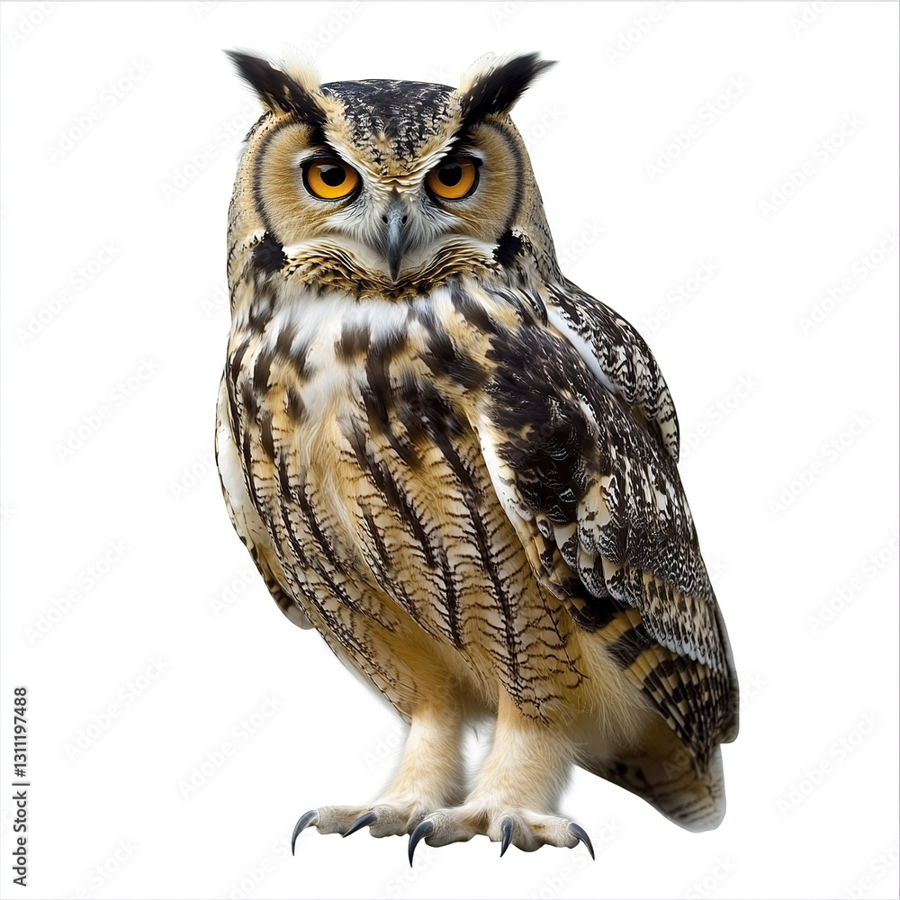 Fototapeta premium Owl with striking eyes isolated on white background