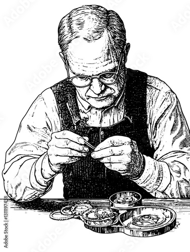 Engraved vector illustration of a skilled craftsman meticulously working on intricate watch parts in a workshop